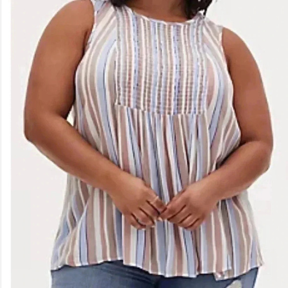 torrid Tops - TORRID 00 Crinkle Gauze Smocked Tank Blue Taupe Striped (Fits Like US 10/12 M)